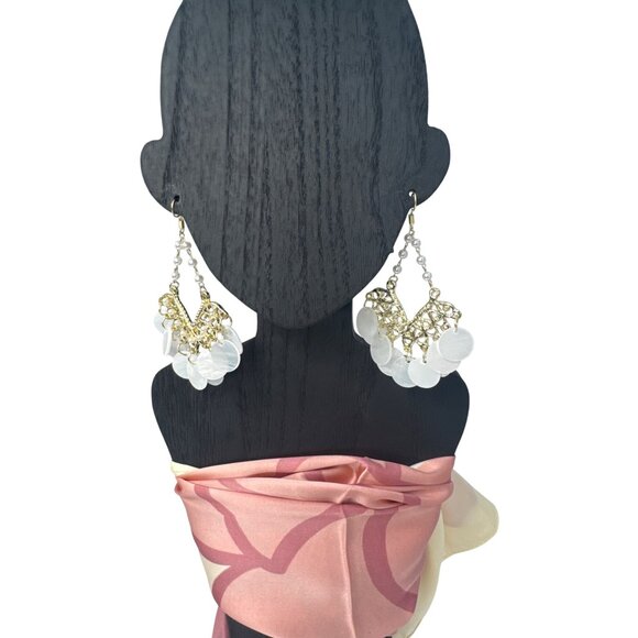 2/$24 Gold & Pearl Drop Earrings With Shell Disc Accents Lightweight - Picture 3 of 10